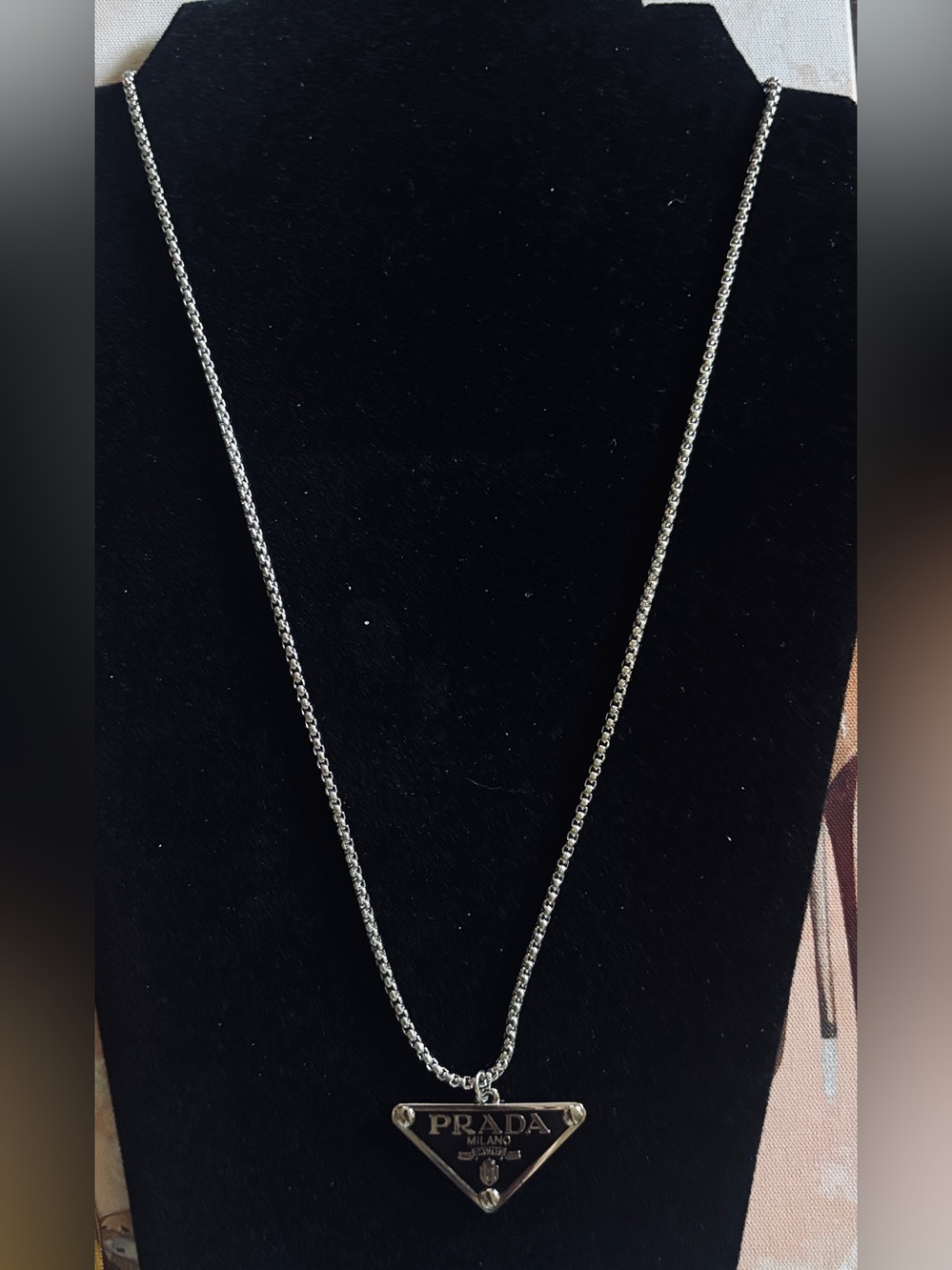 Prada Silver Logo Bar Pendant Necklace - Silver
